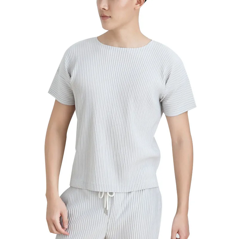 

IEFB / men's wear 2021 new fashion personality pleated t-shirts for male round neck short sleeve tee tops strech 9Y3844 JK020