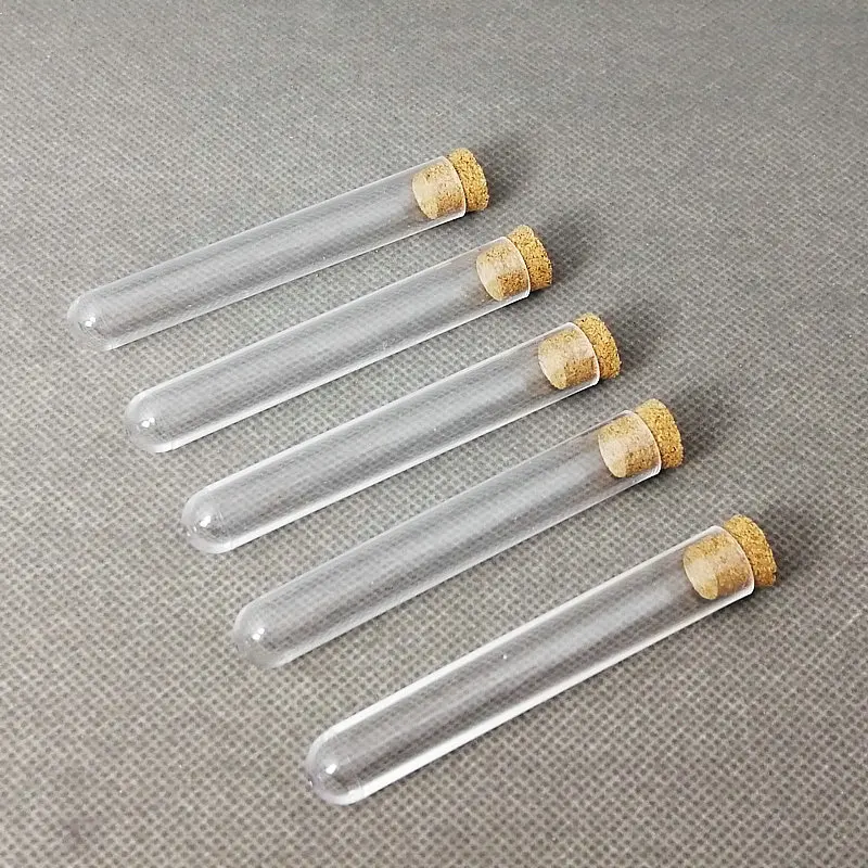 100pcs 12x75mm Lab Transparent Plastic Round Bottom Test Tubes With Corks ,Party Candy Bottle Wedding Gift Vial Bath salt vials