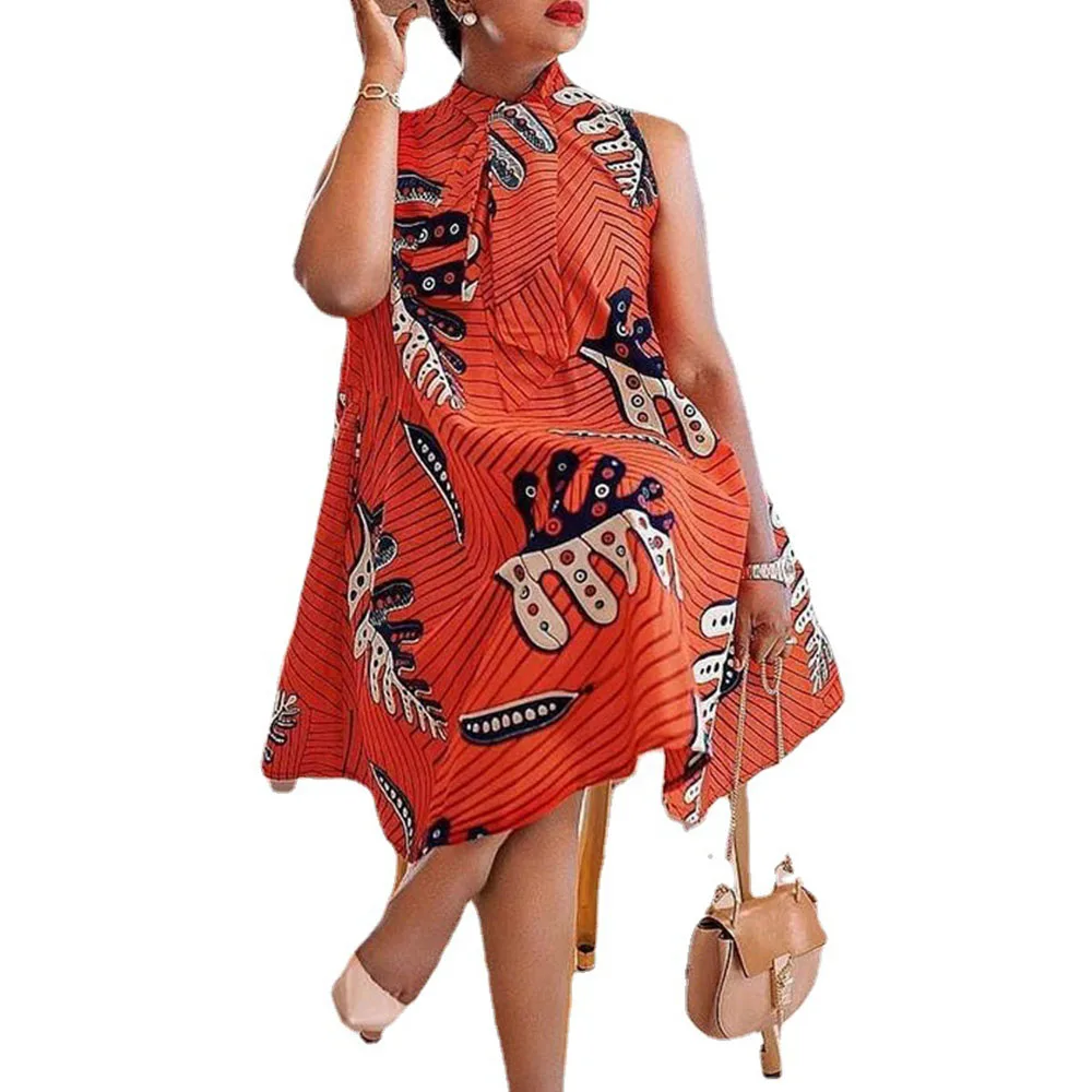

Stand-up Collar Bandage Sleeveless Loose Digital Printing Oversize Loose Casual Summer Western Style Women's Dress 2021