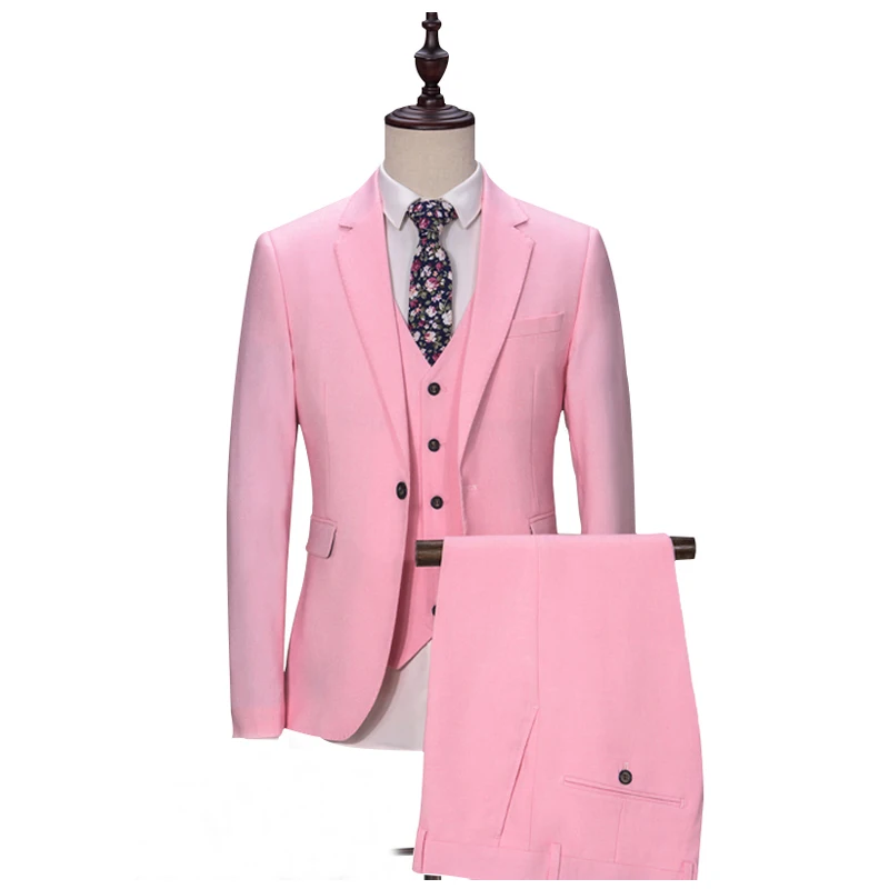 

3 Pieces Pink Men Suits Male Fashion Jacket Vest with Pants Notched Lapel Prom Party Casual Wedding Tuxedo for Groomsmen