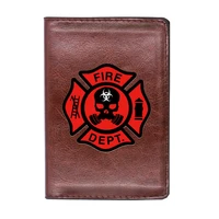 high quality leather vintage fire dept skull printing travel passport cover id credit card case