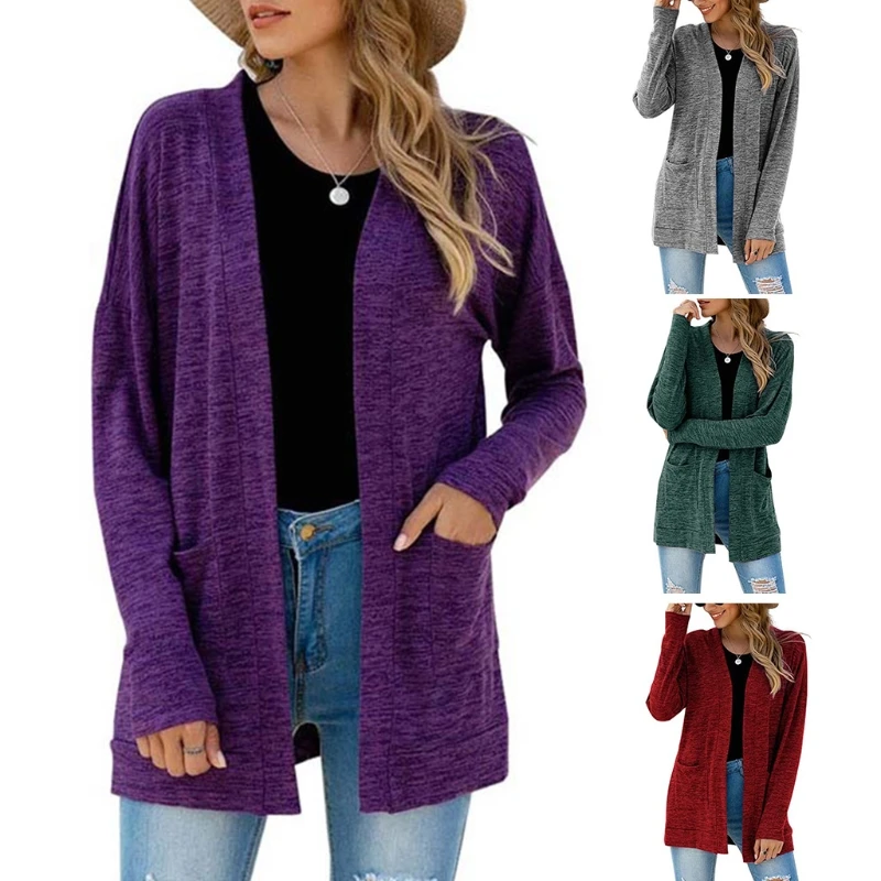 

Women Autumn Long Sleeve Open Front Cardigan Solid Color Lightweight Loose Outwear Plus Size Leisure Coat with Pockets