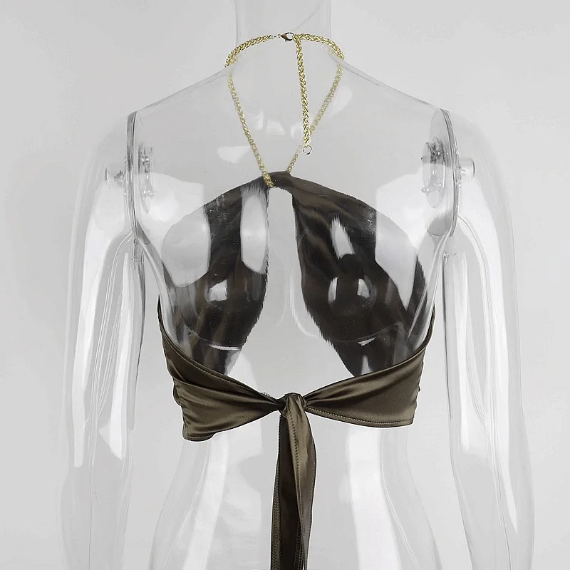 

Chain Halter Top Ruched Lace up Solid Color Backless Crop Green Top Women Sexy Party Cami Casual Streetwear 2021 Summer