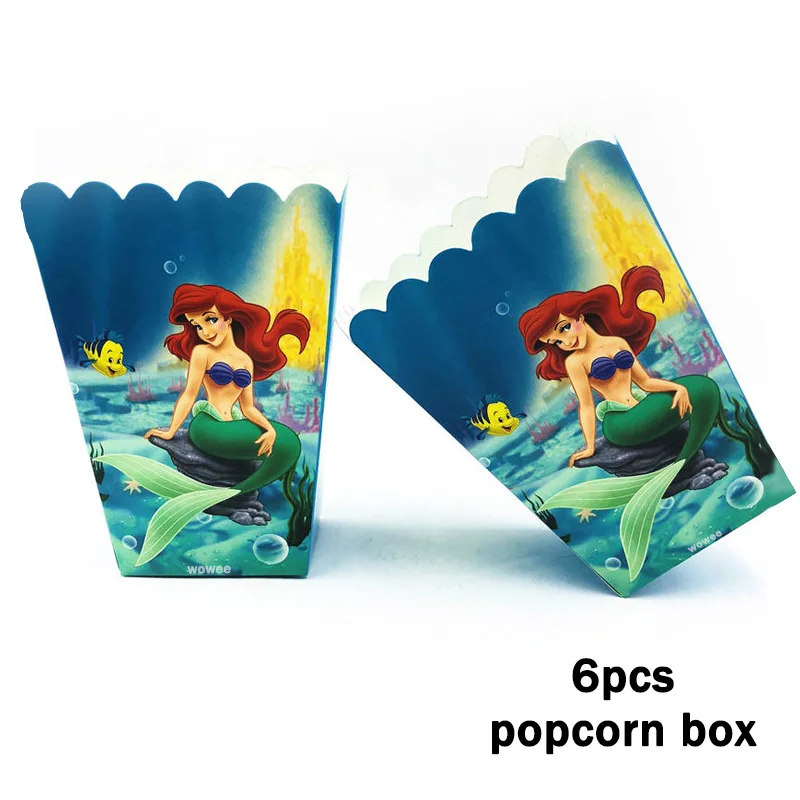 6pc Popcorn Box Вечерние украшения в виде русалки, скатерть, подстаканник, соломенная салфетка, свечи, подарочная коробка для конфет, попкорна, детский подарок на день рождения, сделай сам - Цвет: 6pc Popcorn Box