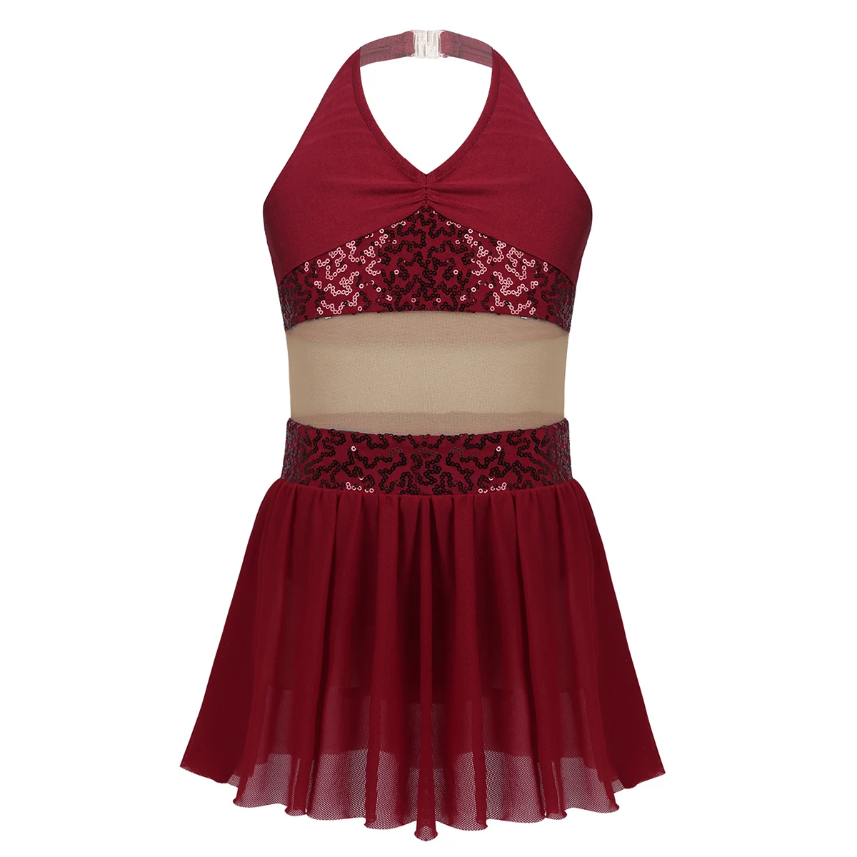 Burgundy ChicTry Girls Halter Sequin Mesh Stretchy Figure Skating Dress Gymnastics Ballet Leotard Kids Performance Lyrical Dance Costumes - Цвет: Burgundy