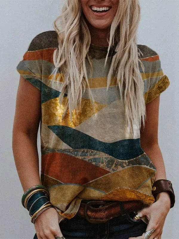 

Women T-Shirt Summer Elegant Pattern Print New Fashion Clothes Female Tops Casual O-Neck Loose Short Sleeve Ladies T-Shirt