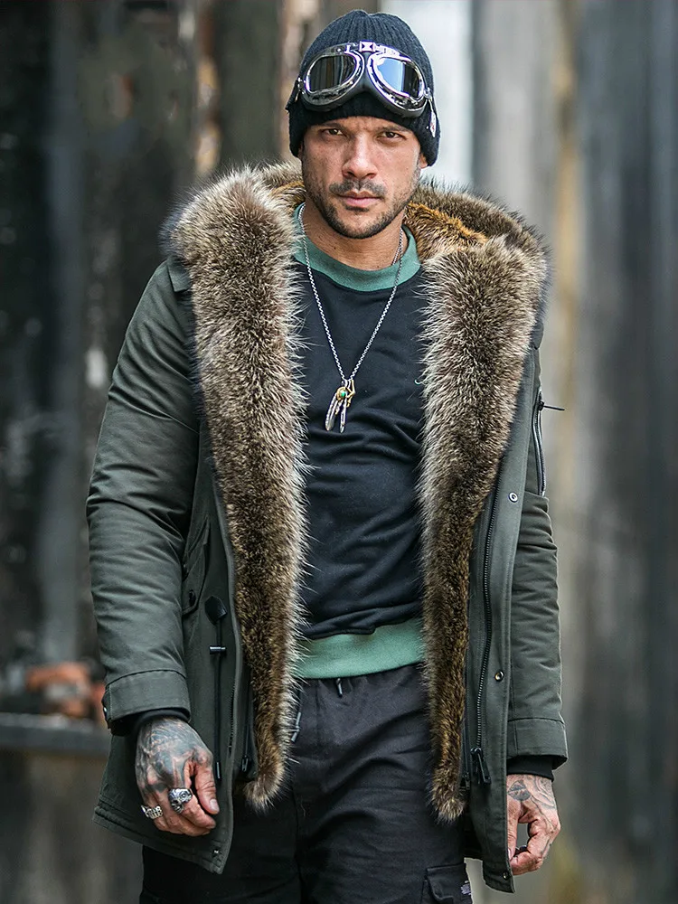 

Parka Mens Winter New Small Raccoon Dog Shearling Leather Fur Coat Men Raccoon Collar Jackets