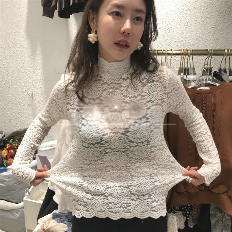 Осенняя и зимняя футболка высокая эластичная тонкая кружевная рубашка с узором
