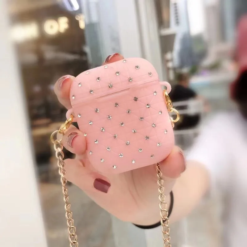Pink Блестящий силиконовый чехол airpods с цепочкой для Apple airpods, защитный чехол, аксессуары для кожи, чехол для беспроводных наушников - Цвет: Pink