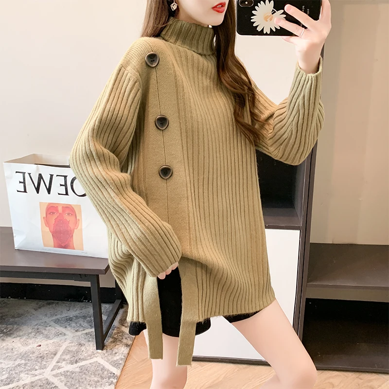 

Turtleneck Buttons Knitted Pullover Jumpers Women 2020 Winter Solid Warm Thicken Splitting Basic Female Sweater Tops Femme