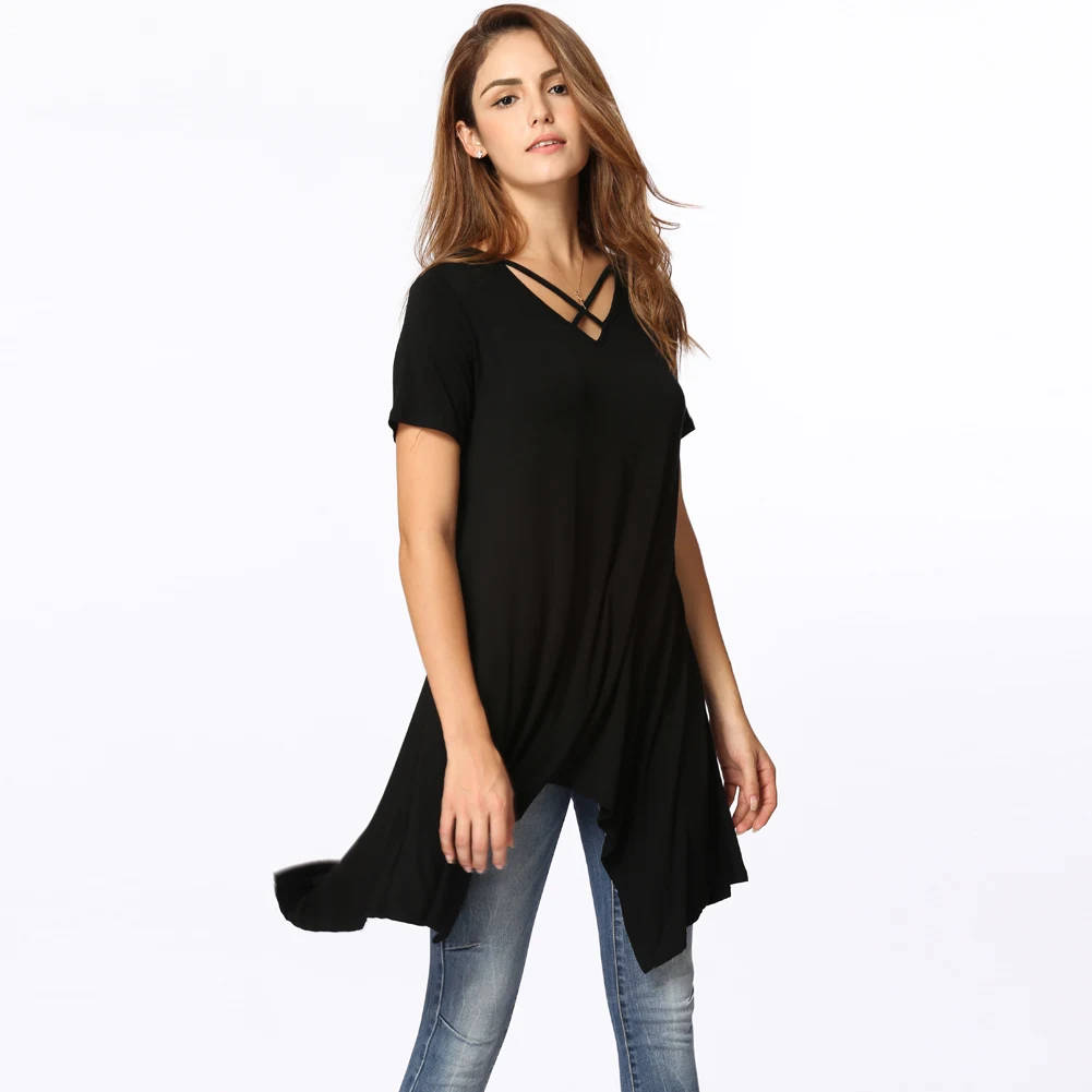 Футболка женская базовая с V образным вырезом и коротким рукавом|Футболки| |