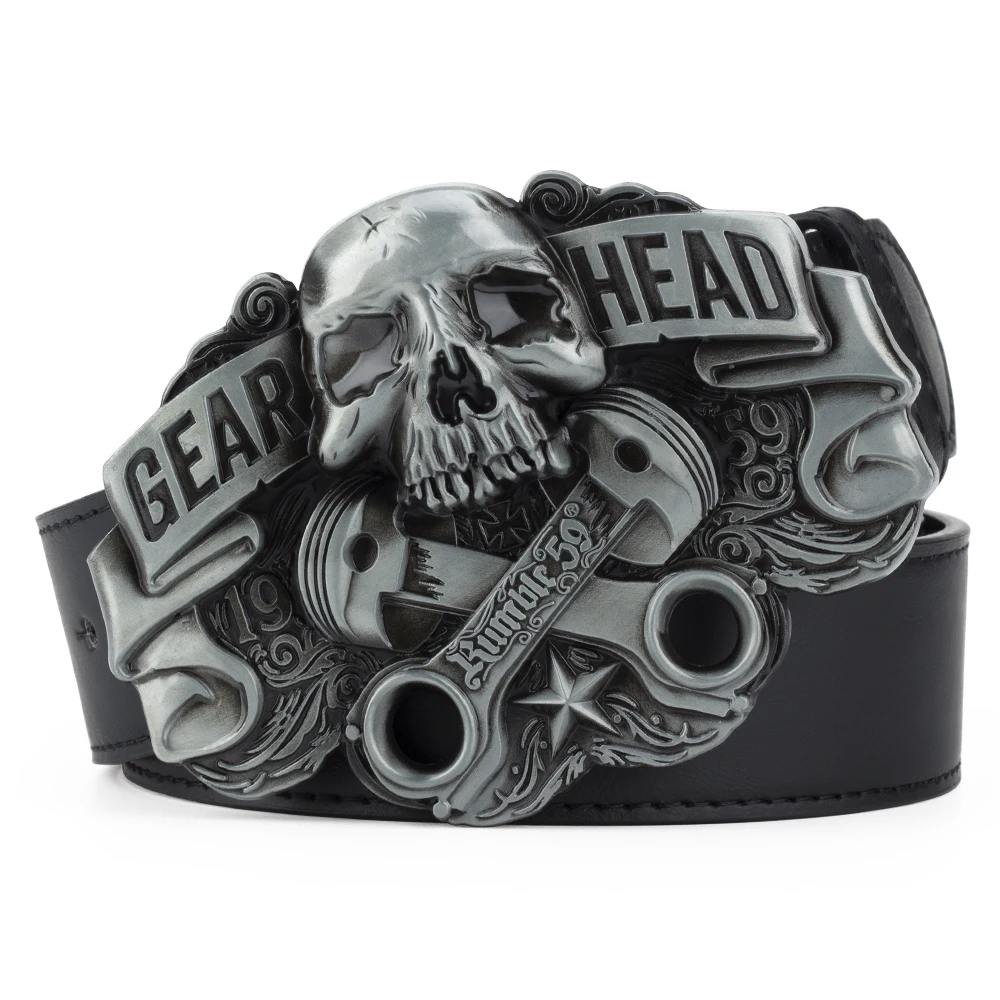 GEAR HEAD Skull Buckle Belt for Men Cowboy Clothing Accessories Fashion