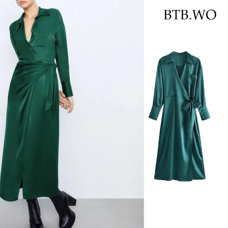 

BTB.WO Za Women Long Dress 2021 Autumn V Neck Long Sleeve Elegant Party Dresses Woman Waist Bow Casual Midi Dress Vestidos