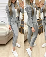 spring leisure sports zipper tops coat pants 2 two pieces sets for women striped stitching comfortable activewear sets