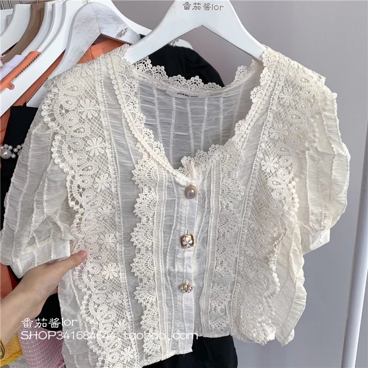

Chiffon Round Neck Cardigan Women Tops 2021 Summer Korean Fashion Heavy Drill Buckle Loose Shirt Puff Short Sleeve Lace Blouse