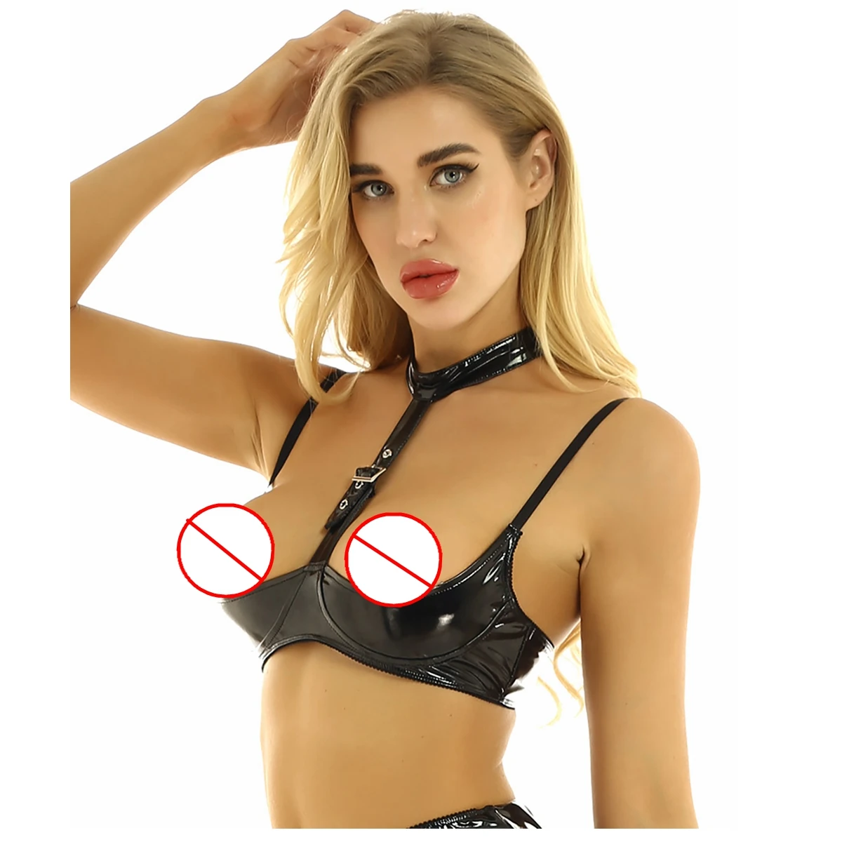 Womens Wet Look Leather Lingerie Hollow Halter Latex Bras Bralette Adjustable Shoulder Straps Open Cups Wire-free Shelf Bra Tops |