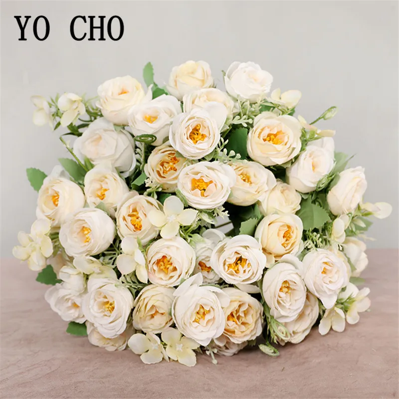 

YO CHO Artificial Flower 10 Heads Silk Rose Bridesmaids Wedding Flower Mini Bouquet 5 Branch Fake Flowers DIY Wedding Home Decor