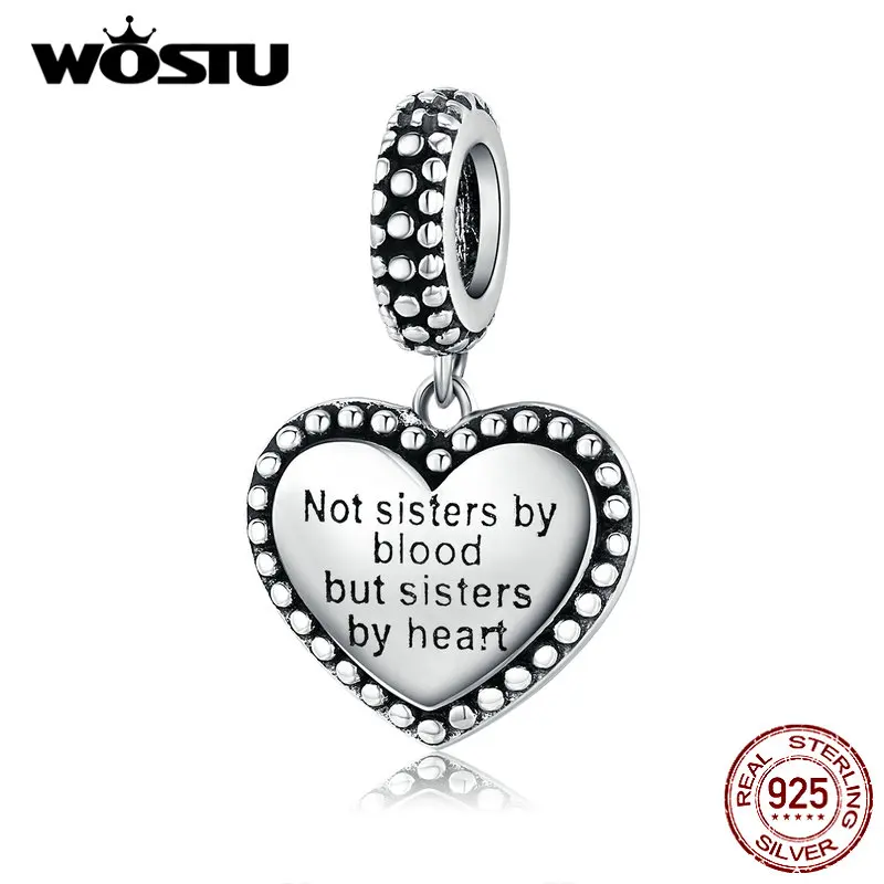 WOSTU, 925 пробы, серебро, Сестринское сердце, талисманы, подходят к оригинальному браслету, кулон, бусины для сестры, Famlly, ювелирное изделие, подарок, BKC1396