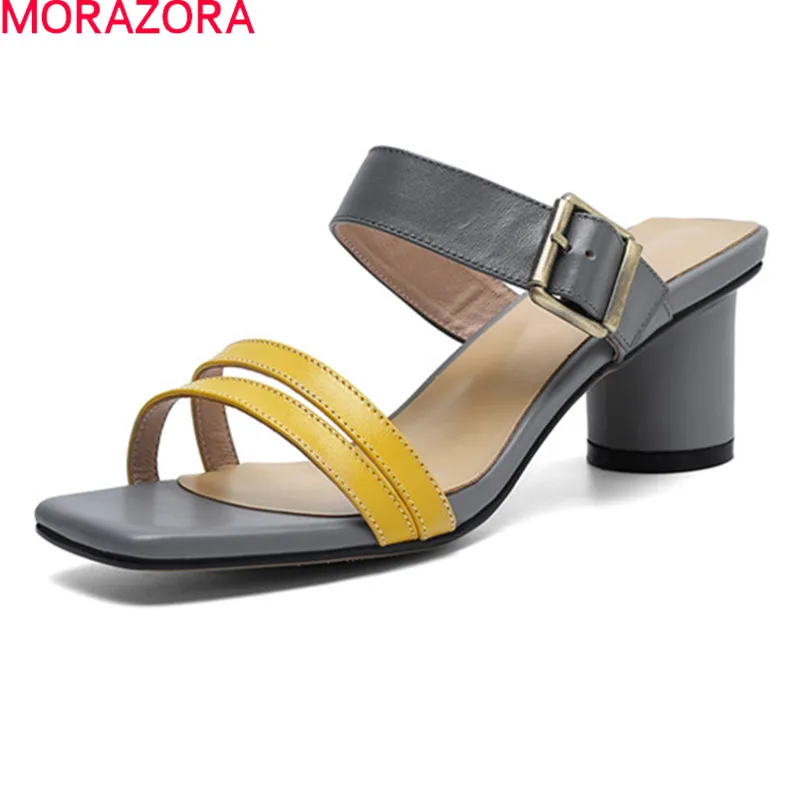 

MORAZORA 2021 Genuine Leather Women Shoes Thick Heels Square Toe Buckle Ladies Slippers Summer Mixed Colors Mules Shoes