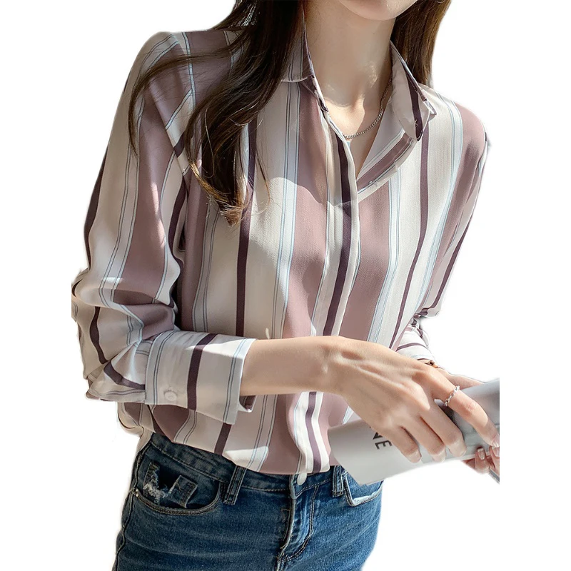 

Striped Shirt Women's Vertical Striped Top Design Sense 2021 Early Spring Chiffon Shirt Long-sleeved Temperament