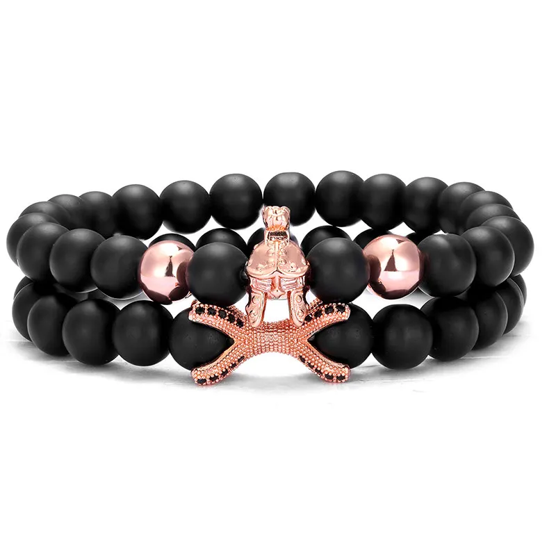 

2 piece set /Glamour Knight Warrior Gladiator Helmet Bracelet Men's Natural Stone Yoga Elastic Bracelet Wholesale