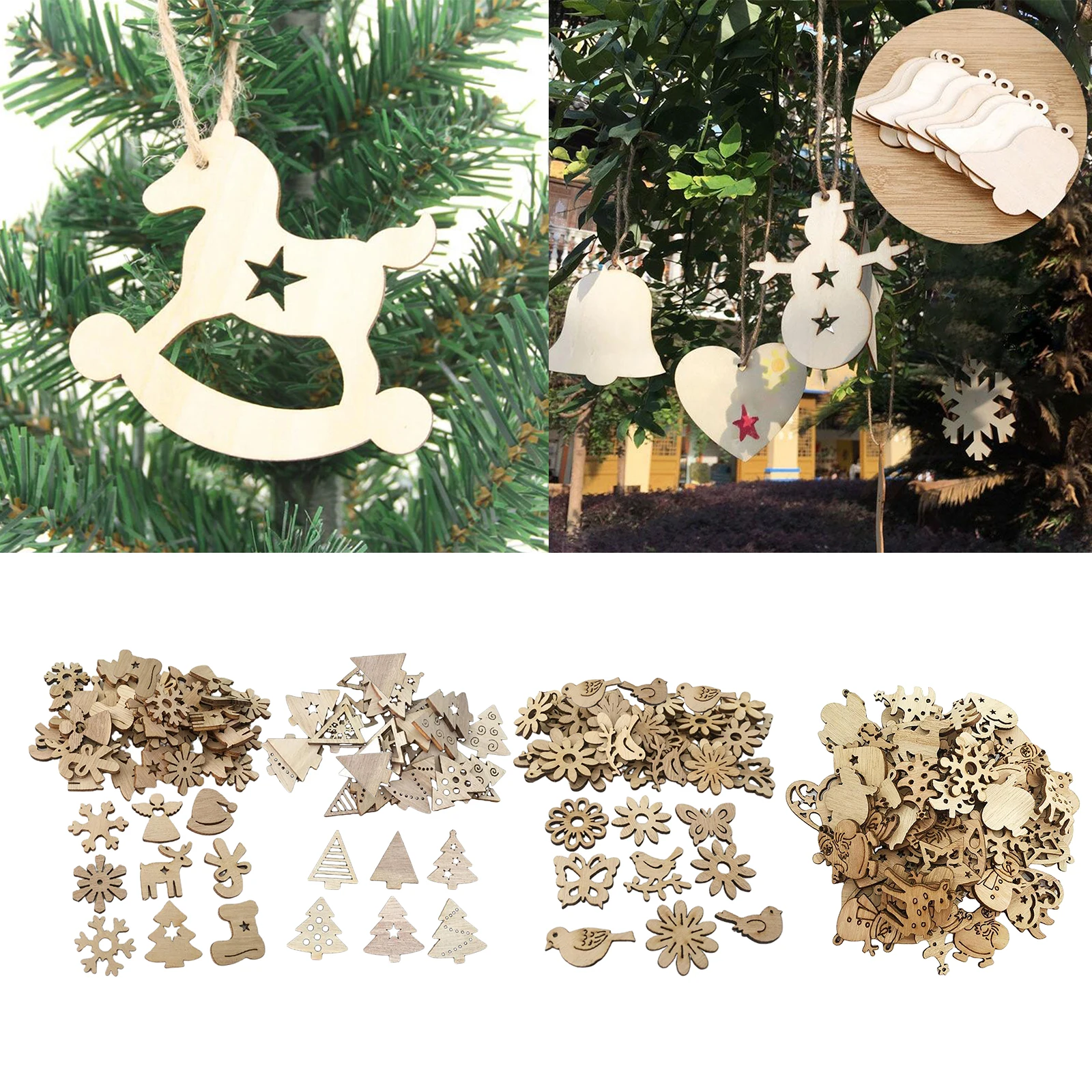 

100x Rustic Wood Slices Christmas Hanging Wooden Shapes Embellishment for Crafts