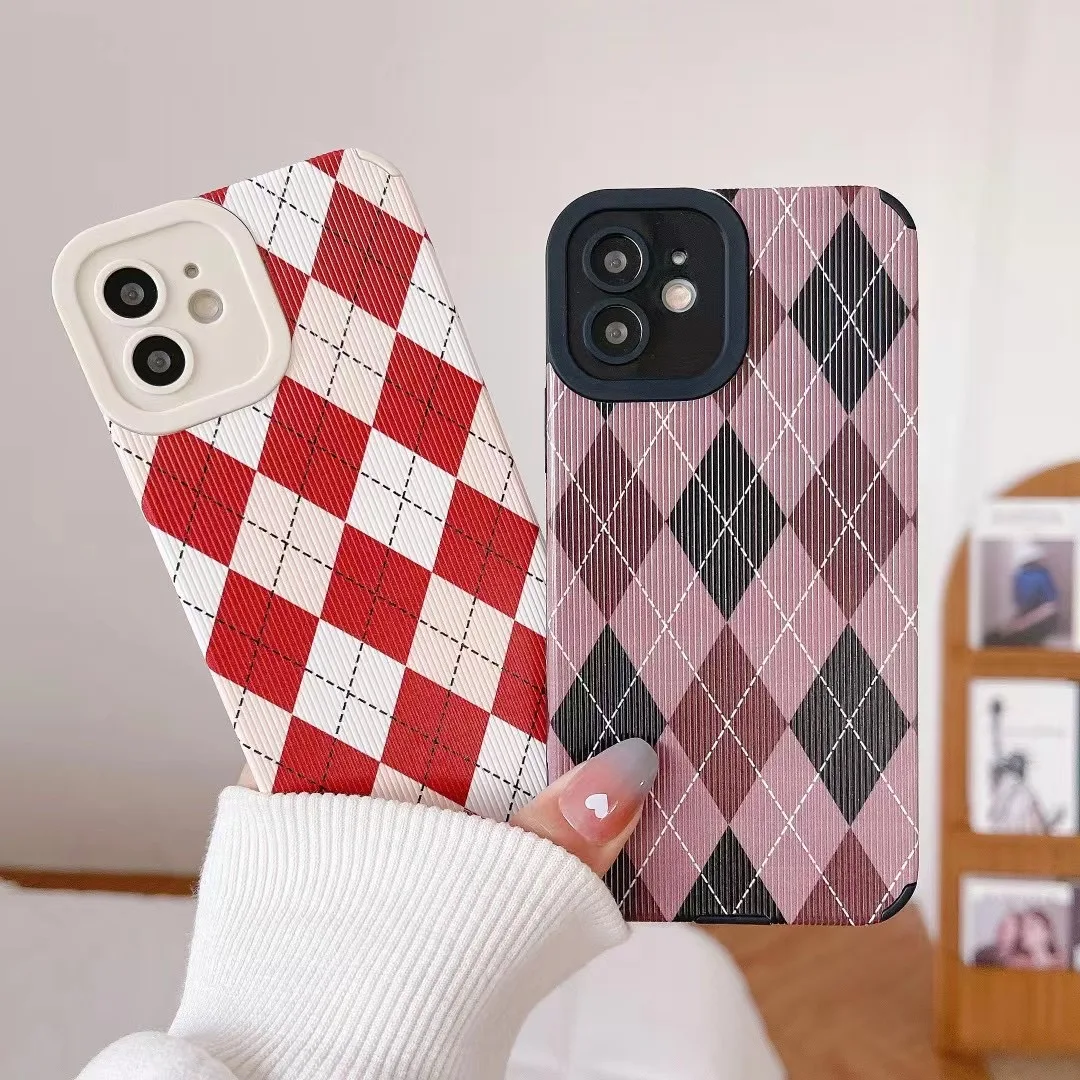 

Fashion Geometric Diamond Camera Protection Case for iPhone 13/12/11 ProMax XR XS Max 8 7 6S Plus Leather Skin Soft Capa Fundas