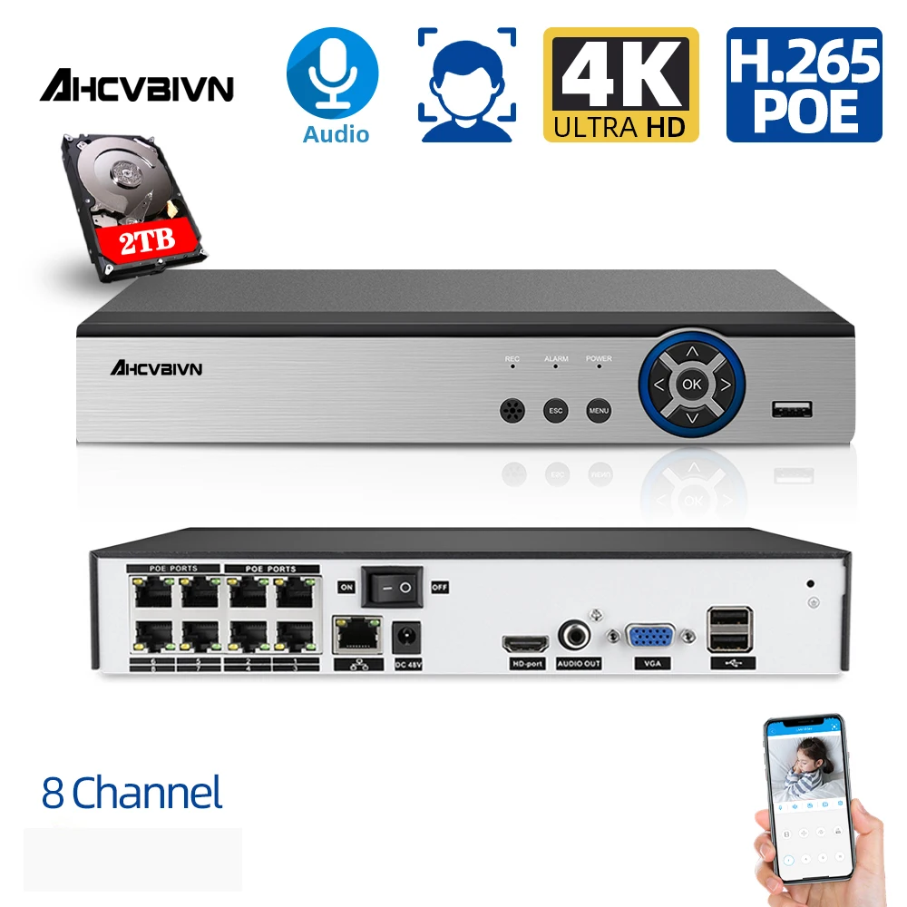 

IP-камера видеонаблюдения H.265, 8 каналов, POE, 8 Мп, NVR, P2P 4k 5 Мп 2 МП, сетевой видеорегистратор