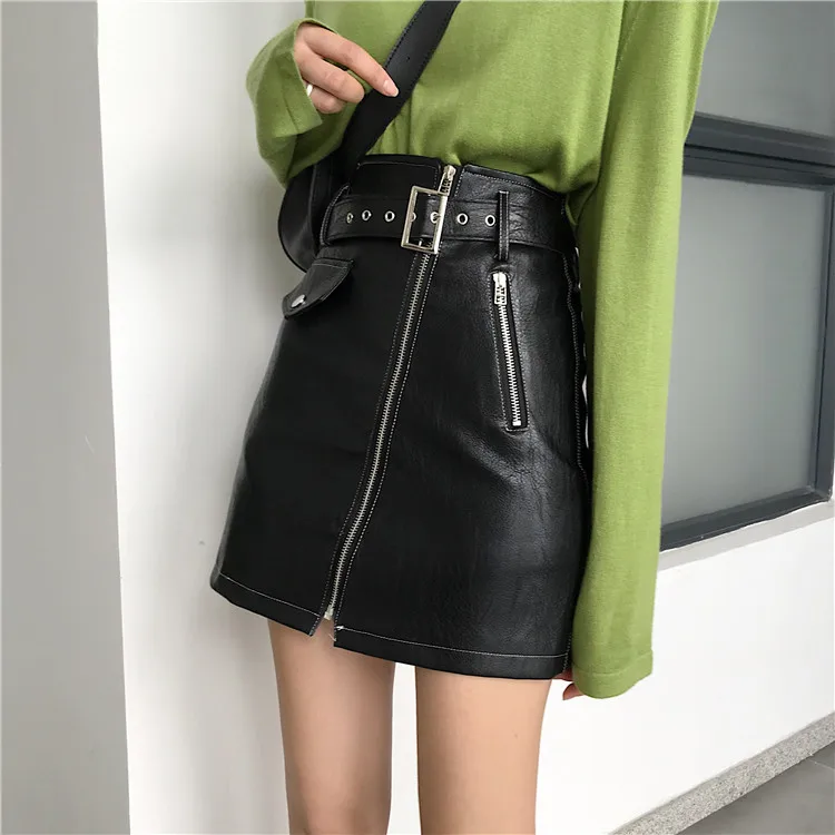 Осенняя Корейская черная кожаная юбка Женская Harajuku на молнии уличная трапециевидная Нижняя мини юбки Готическая Высокая талия с поясом Юбка warp