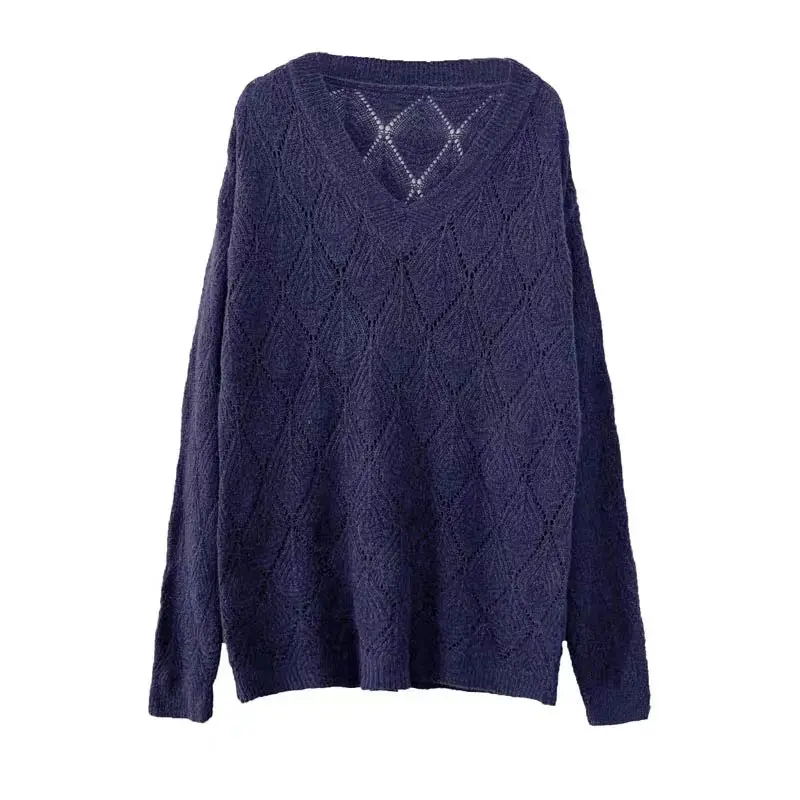 

Europe Station Spring and Autumn T-shirt WOMEN 'S 2020 New Loose Hollow out Lazy Style Diamond Lattice V-Neck Sweater Bloom Wome