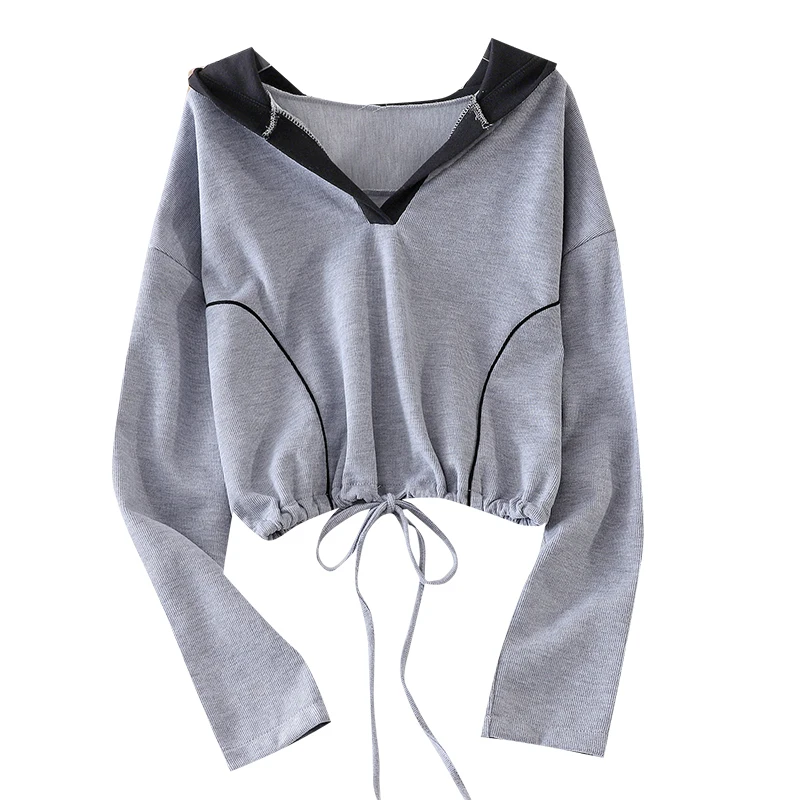 

Women's Spring Autumn Tops Korean Drawstring Hooded Pullover Short Sweatshirts New Loose and Versatile Long-sleeved Top LL829
