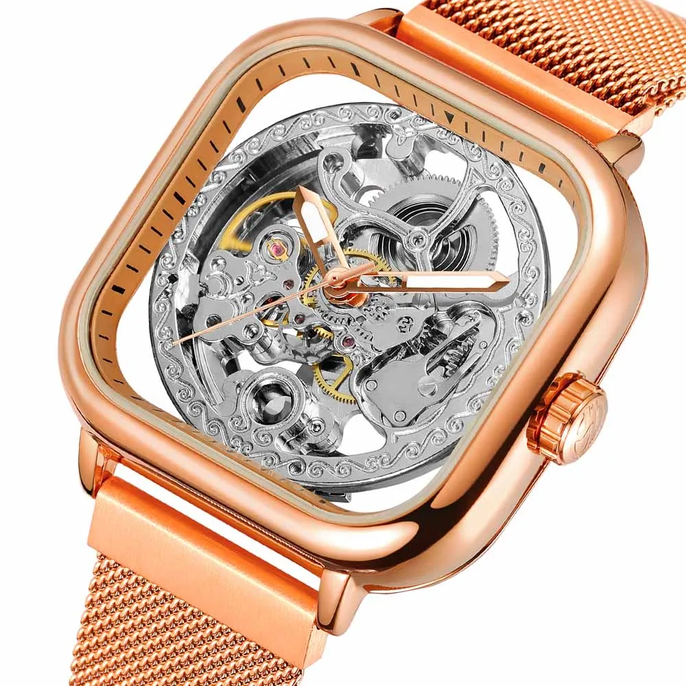 rose gold Прозрачные автоматические механические часы мужские стимпанк Скелет Роскошные сетчатые золотые часы из нержавеющей стали мужские часы montre homme - Цвет: rose gold