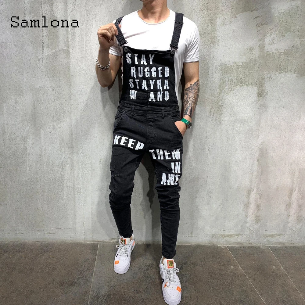 Samlona 2022 New Spring Autumn Men's Fashion Jeans Demin Overalls Sexy Jumpsuit Letter Print Strappy Jeans Trousers Men Clothing