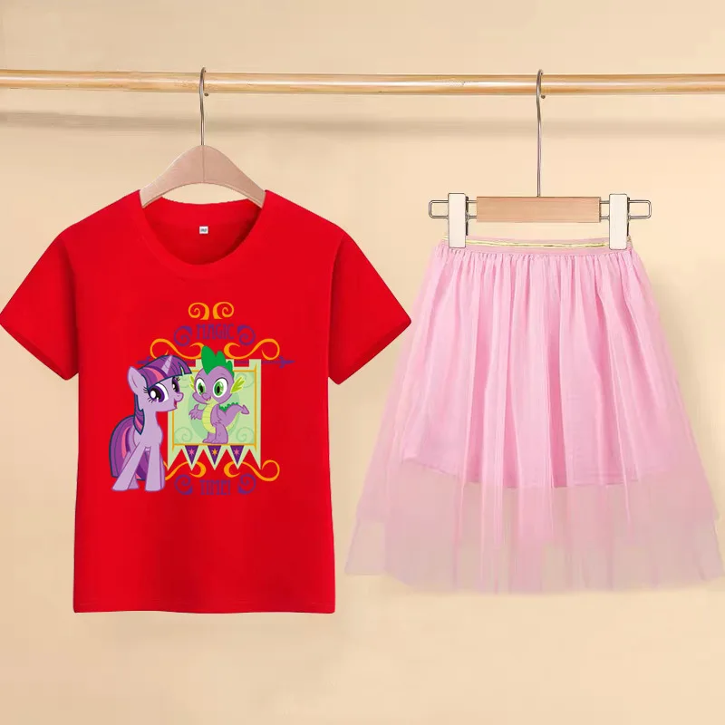 

Unicorn girl T-shirt skirt suit baby girl pony princess girl cotton short-sleeved T-shirt + mesh skirt summer clothes suit