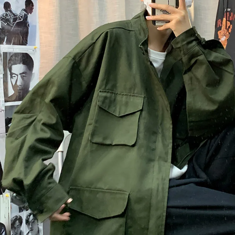 

Men Jackets Plus Size 3XL Autumn Simple Solid Pockets Korean Safari Style Outwear Male Looze Ulzzang Trendy Leisure Students New