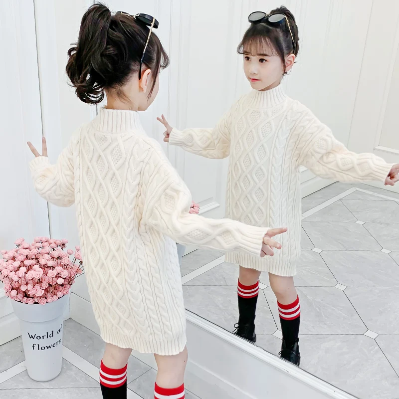 

Girls Turtleneck Sweater Girls Fall/Winter Clothes Children's Long Knitted Base Shirt Big Kids Thicken Fashion Sweater Dress New