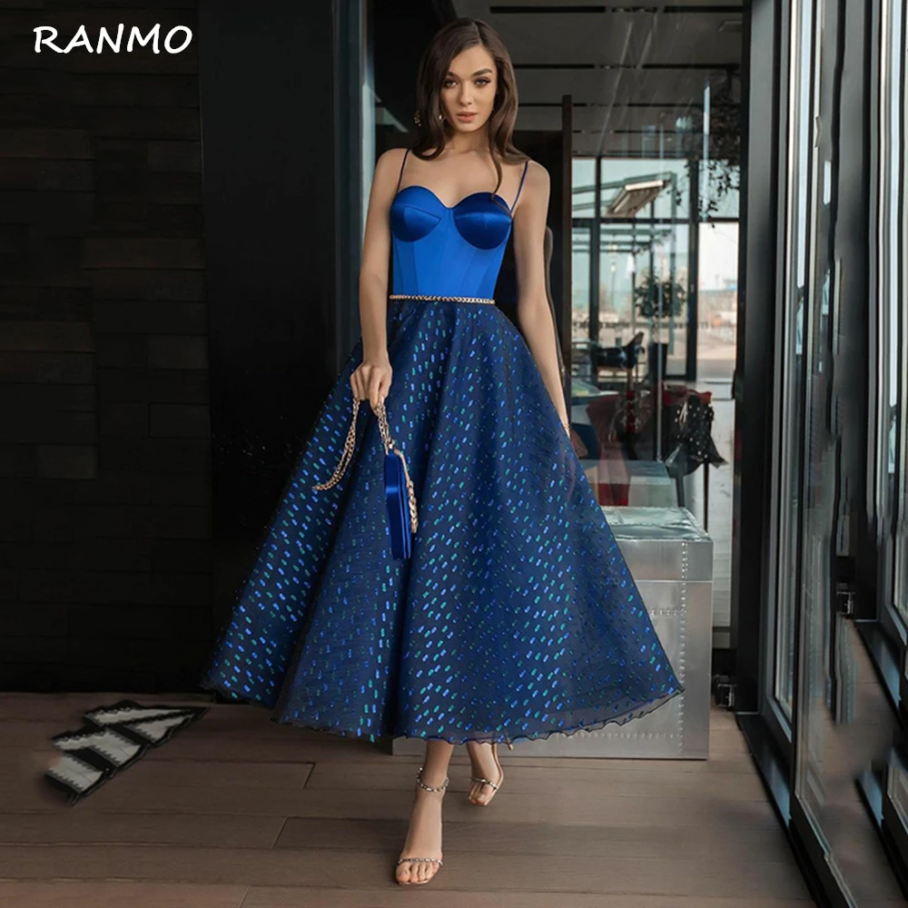 

Dot Tulle Short Prom Dresses Navy Blue Length Evening Gown Sling Elegant Women Sexy Wedding Party Dresses Hot Sale