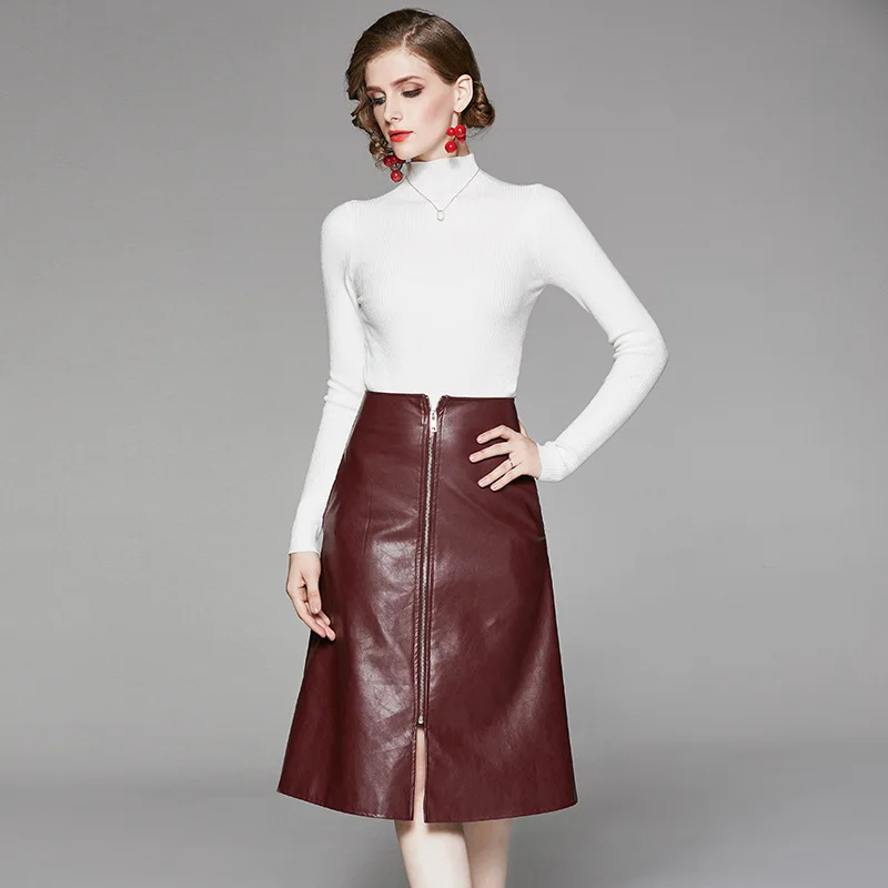 Sacred Hawk осень зима новый элегантный темперамент дикий свитер + Ретро ПУ миди