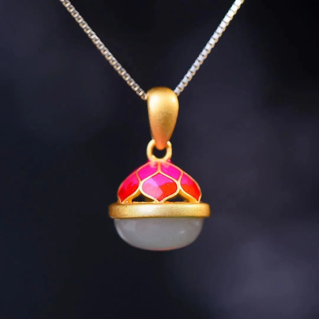 

Натуральный 925 инкрустированный эмалированный кулон Hetian с нефритовой поверхностью в форме яйца