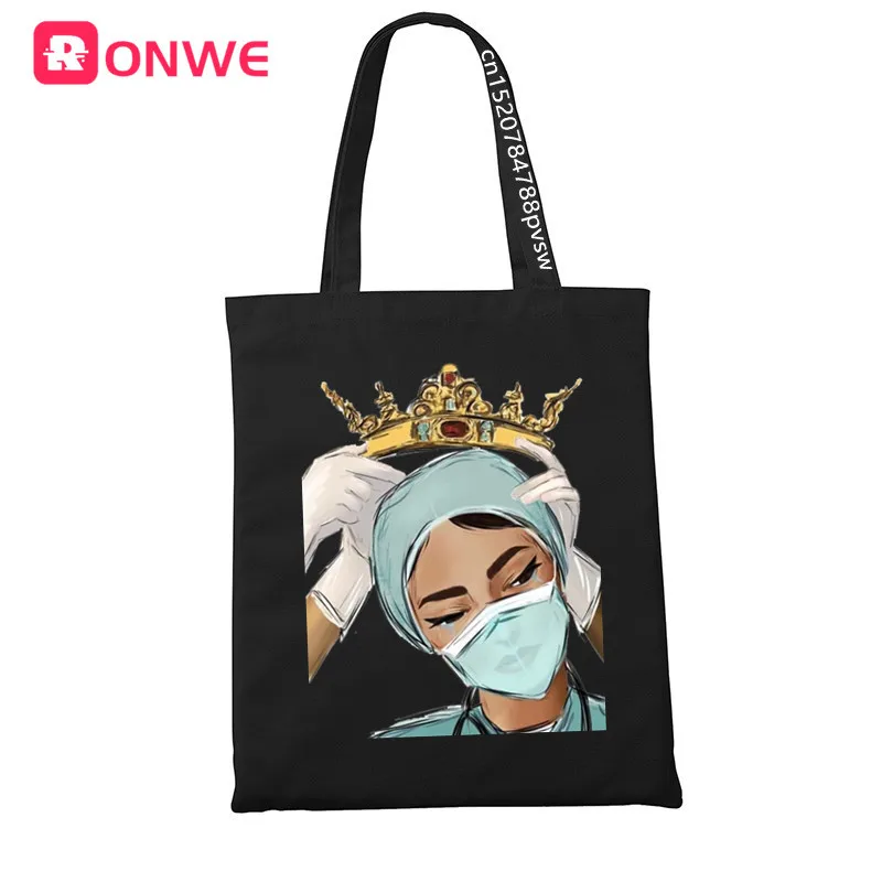 

Nurse Queen Fashion Lady Black Print Women Shopping Canvas Bag Female Girl Tote Eco 90s Style Shopper Shoulder Bags,Drop Ship