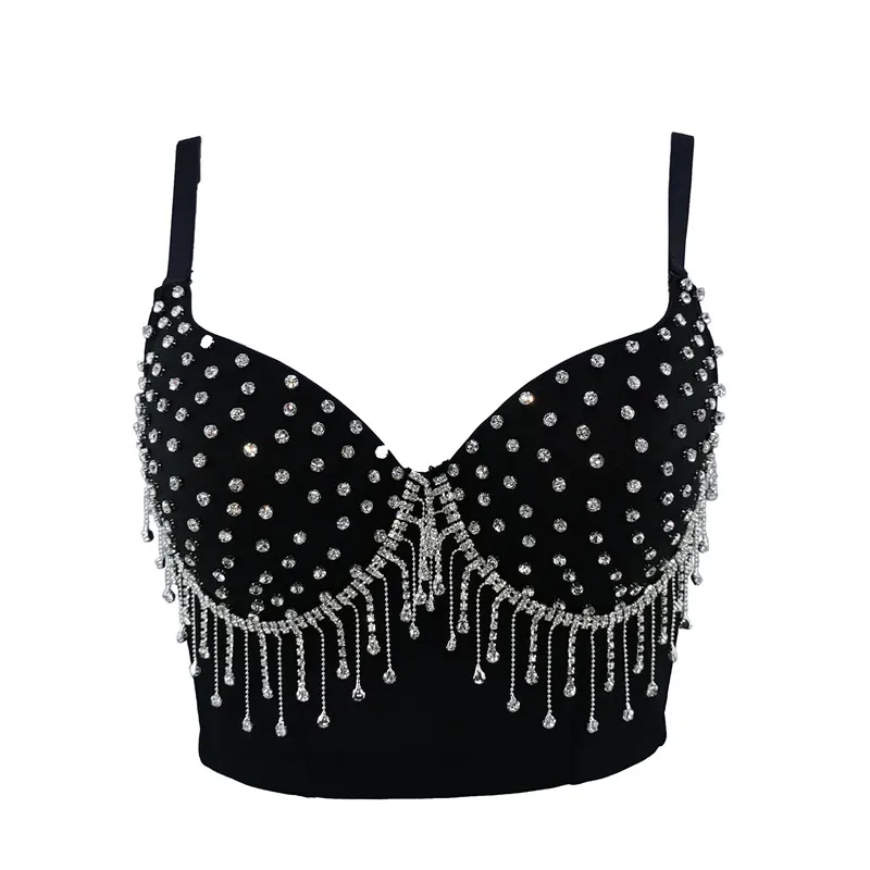 

Hjwsfdcai 2021 New Rhinestone Tassel Corset Ladies Outside Wear Party Bustier Fashion Slim Nightclub Female Tank Top Women's Top