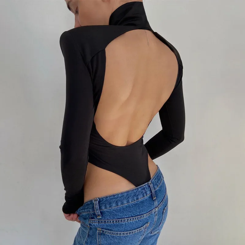 2020 Winter Jumpsuits Women Rompers Sexy Club Hollow Out Backless Bodysuits Casual Long Sleeve Solid Slim Bodycon Women Bodysuit