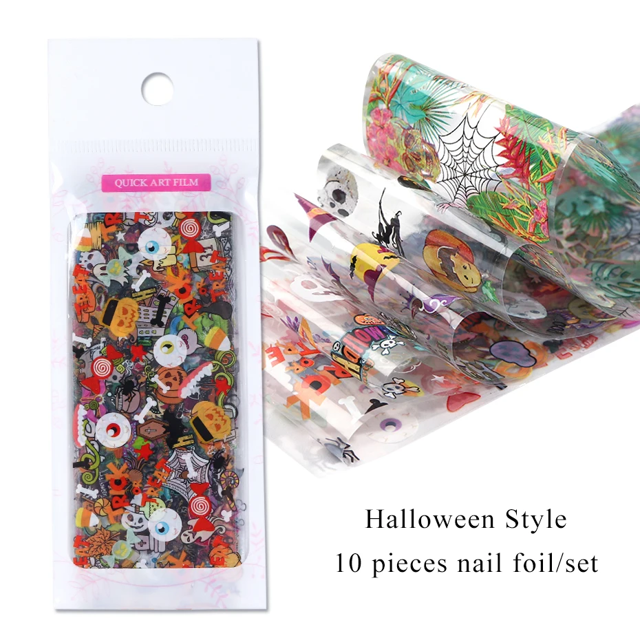 10 шт. переводная Фольга для Хэллоуина наклейка ногтей череп тыква кошка