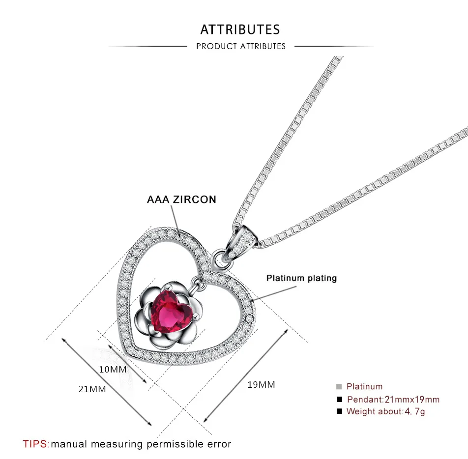 

European Red Zircon Pendant Heart Necklace Love ruby Clavicle Chain Necklace Women Heart-shaped Charms Fashion Jewelry Bijoux