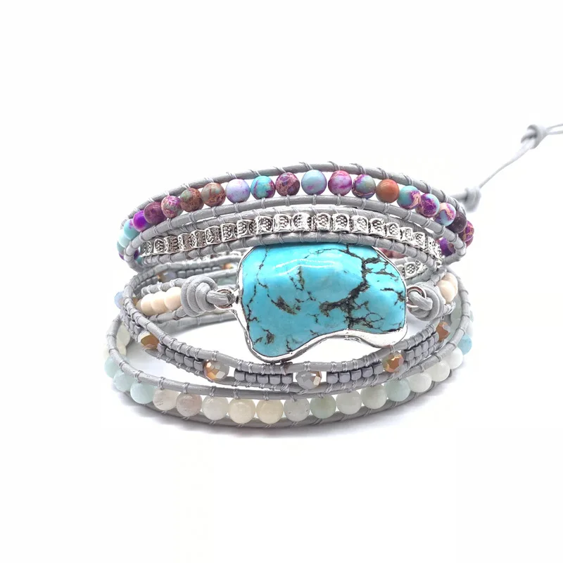 

2021 Newest Unique Mixed Natural Stones Turquoises Charm 5 Strands Wrap Bracelets Handmade Boho Bracelet Women Leather Bracelet