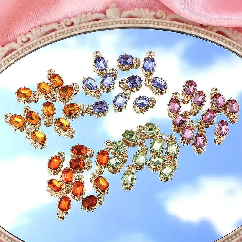 

10Pcs/lot 5 colors Square Crystal Pendant Golden Alloy Small Charms With Hole Women Girl DIY Drop Necklaces Bracelets Jewelry