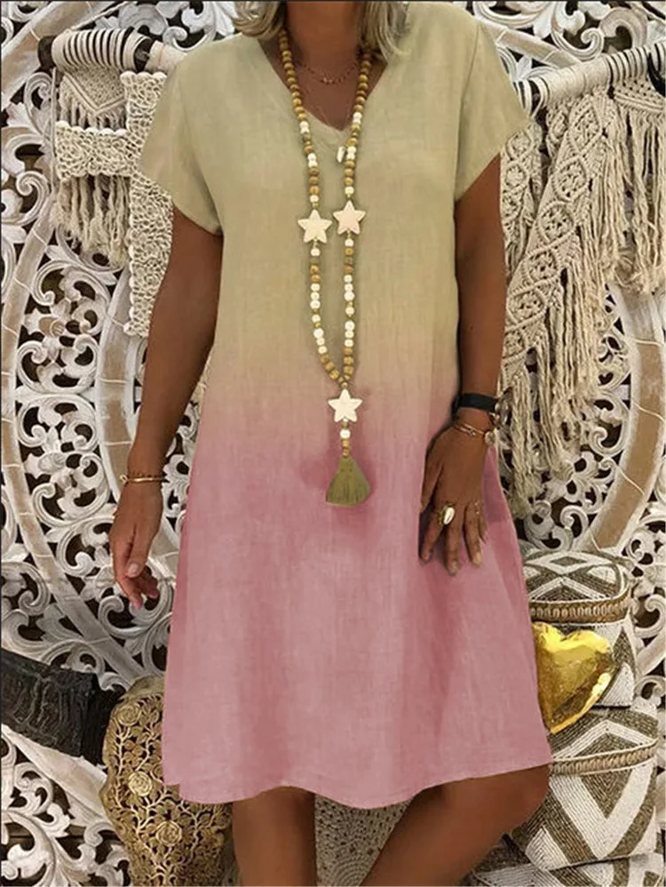 Большой Размеры женские платья градиент Принт с V образным вырезом и короткими