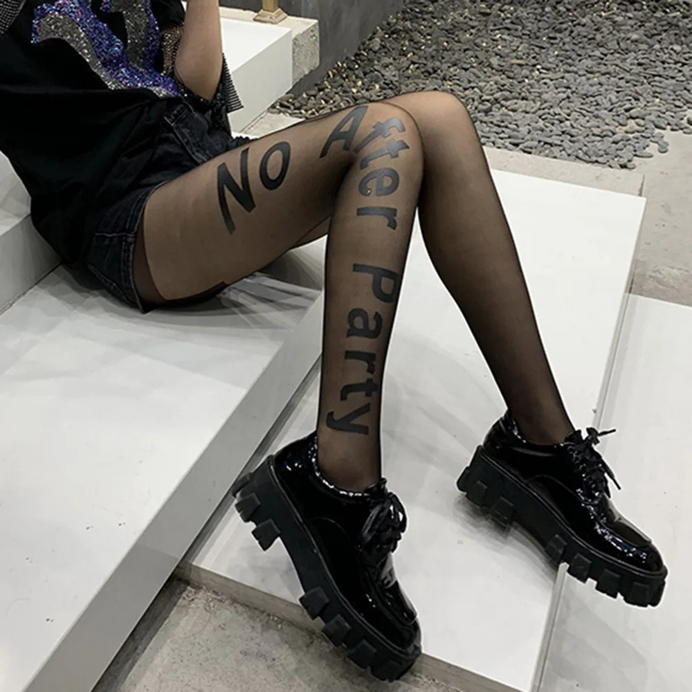 PUIMENTIUA Black Letter Tattoo Tights Women Nylon Transparent Sexy Stockings Sheer Footed Character Pantyhose Dance Club | Женская