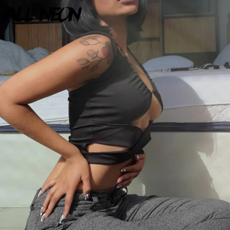 

ALLNeon 2000s Fashion Drawstring White Sleeveless Tanks Y2K Streetwear Hollow Out Straped Sexy Crop Tops E-girl Vests Summer New