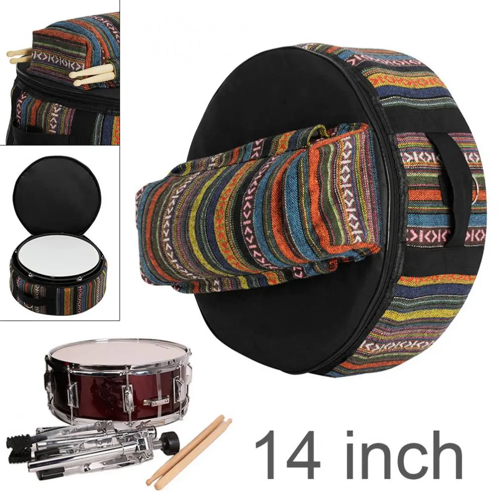 

14 Inch Portable Folk Style Knitted Colorful 600D Oxford Cloth Add Cotton Snare Drum Backpack with Drumsticks Stand Pocket